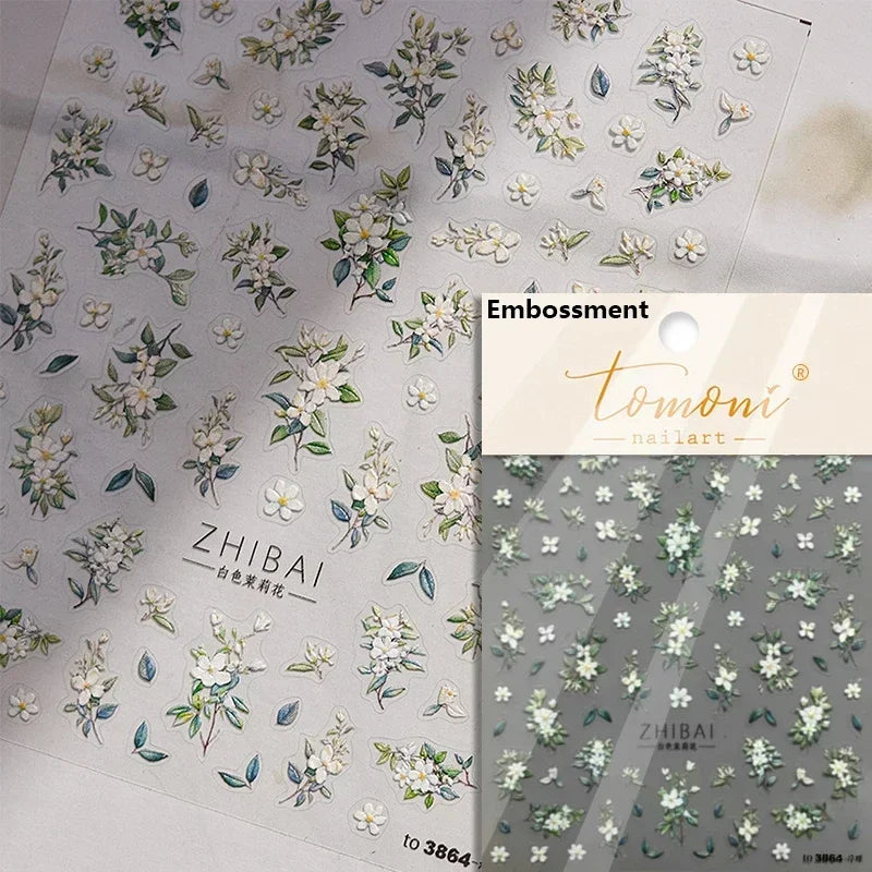 Yellow Autumn Osmanthus Flower Chrysanthemum Butterfly 5D Nail Art Sticker Chinese Character Vase Relief Adhesive Manicure Decal