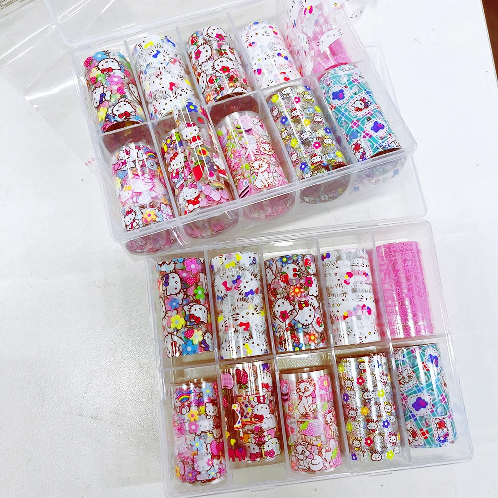 10Rolls Cartoon Hello Kitty Nail Art Transfer Foil Cute Kitty Cat&Kuromi Nail Foil Sticker Y2K Manicure KT Cat Transfer Decal &*
