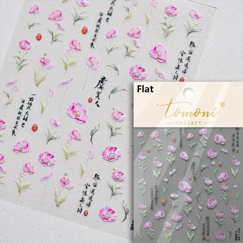 Yellow Autumn Osmanthus Flower Chrysanthemum Butterfly 5D Nail Art Sticker Chinese Character Vase Relief Adhesive Manicure Decal