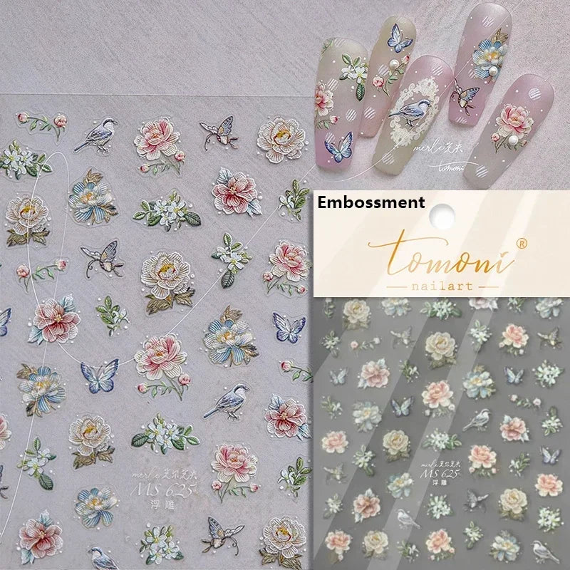 Yellow Autumn Osmanthus Flower Chrysanthemum Butterfly 5D Nail Art Sticker Chinese Character Vase Relief Adhesive Manicure Decal