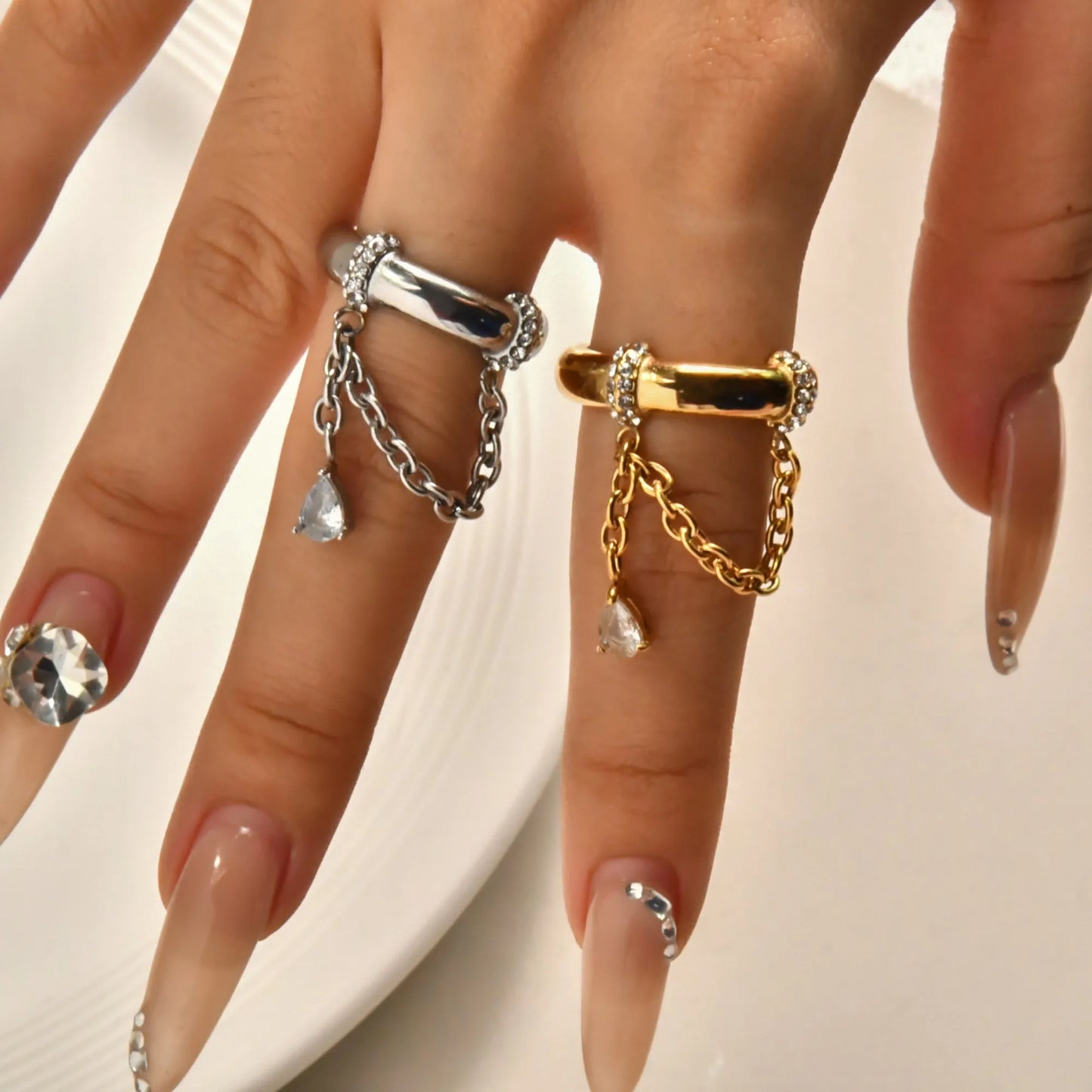 Stainless Steel 18k Gold Plated Tassel Drop Zircon Pendant Cz Stone Rings for Women Boho Luxury Tarnish Free Waterproof Jewelry