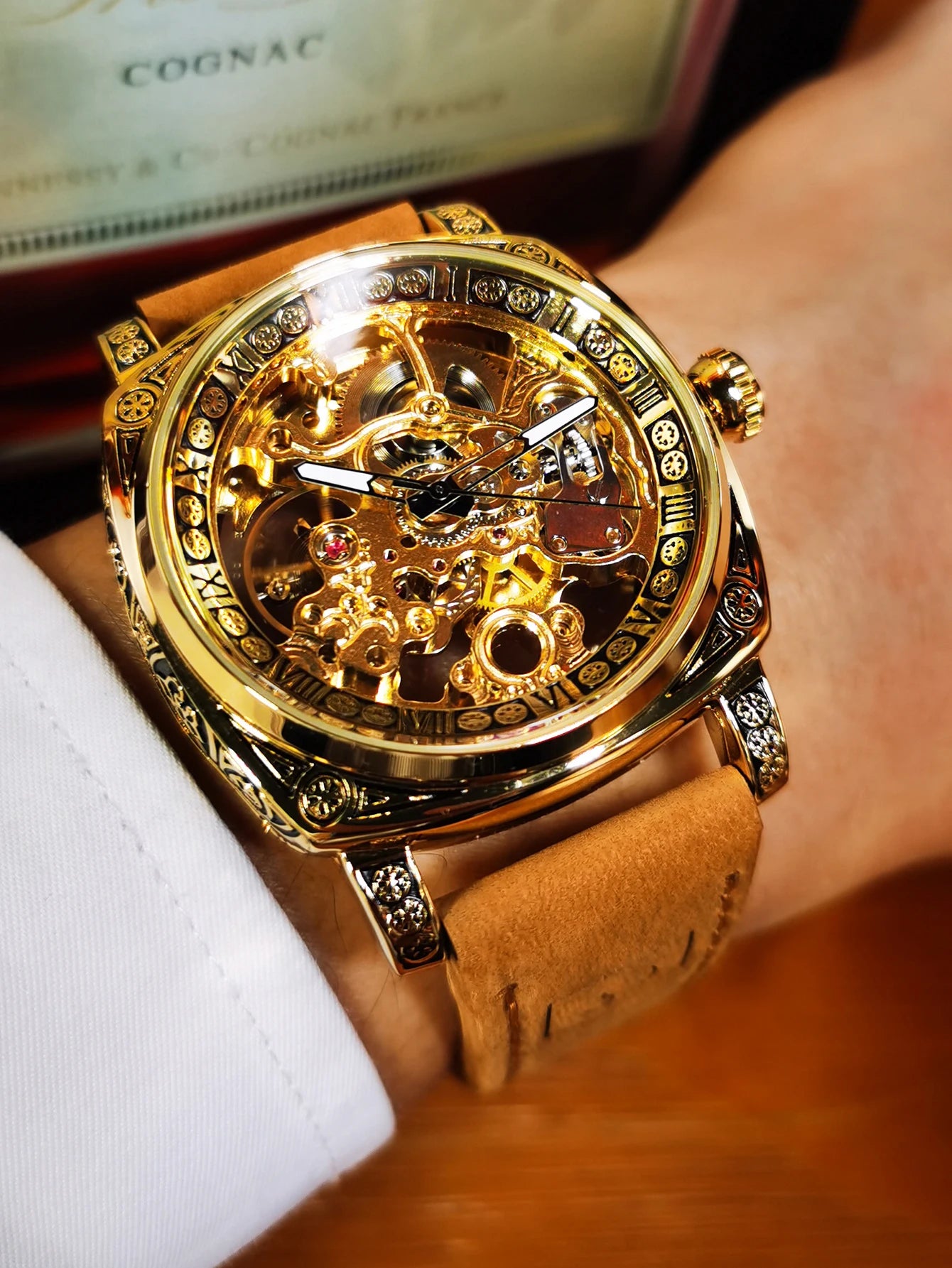 Forsining Royal Retro Skeleton Automatic Mechanical Watch for Men Leather Strap Business Casual Mens Watches Top Brand Gifts New
