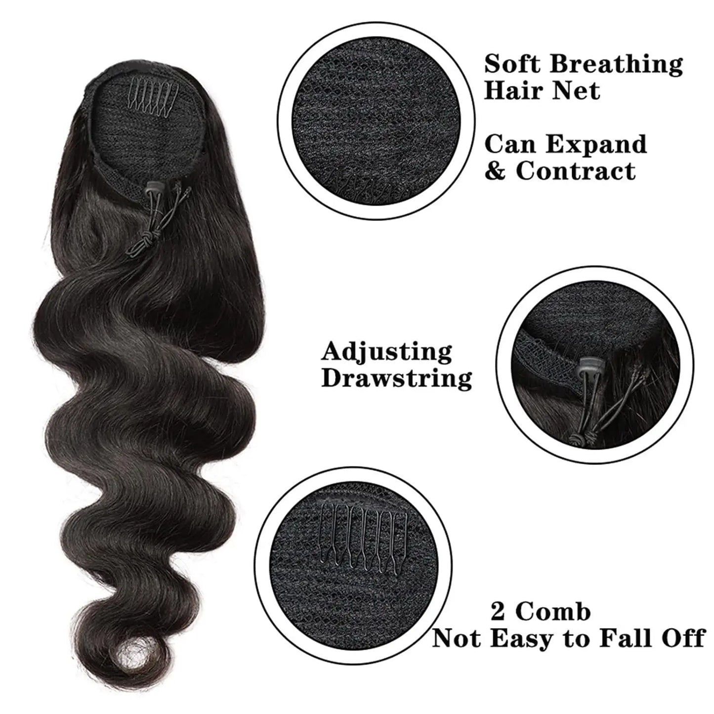 Body Wave Ponytail Extensions For Women 100% Real Human HairNatural Black Clip in Drawstring Ponytail Hair Extensions 10-26 Inch