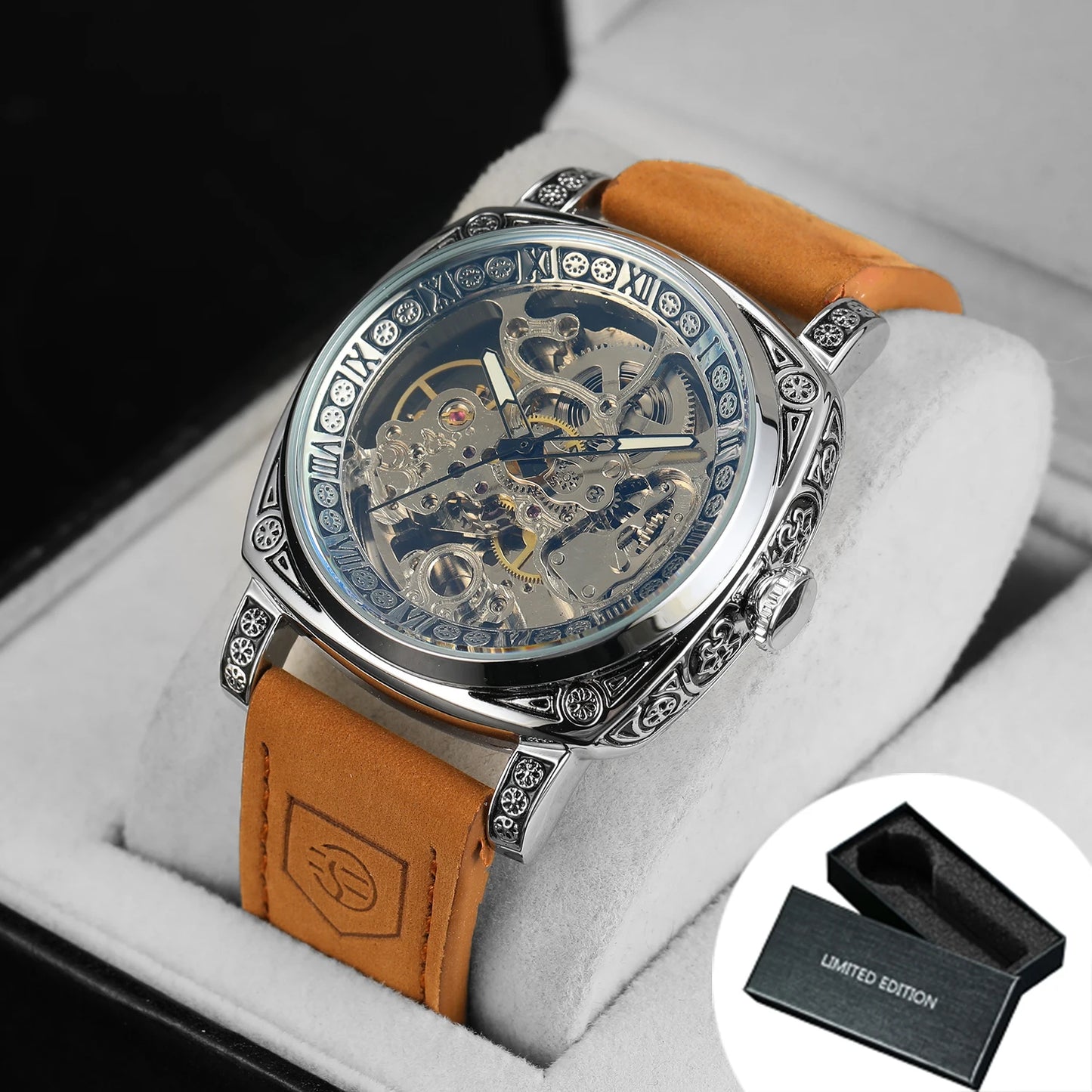 Forsining Royal Retro Skeleton Automatic Mechanical Watch for Men Leather Strap Business Casual Mens Watches Top Brand Gifts New