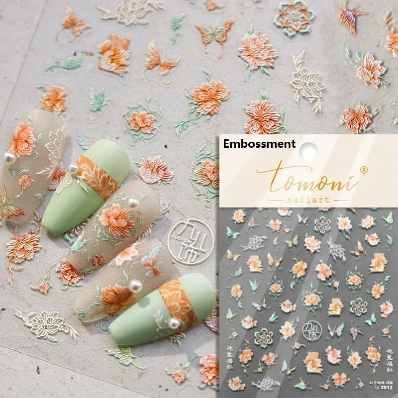 Yellow Autumn Osmanthus Flower Chrysanthemum Butterfly 5D Nail Art Sticker Chinese Character Vase Relief Adhesive Manicure Decal