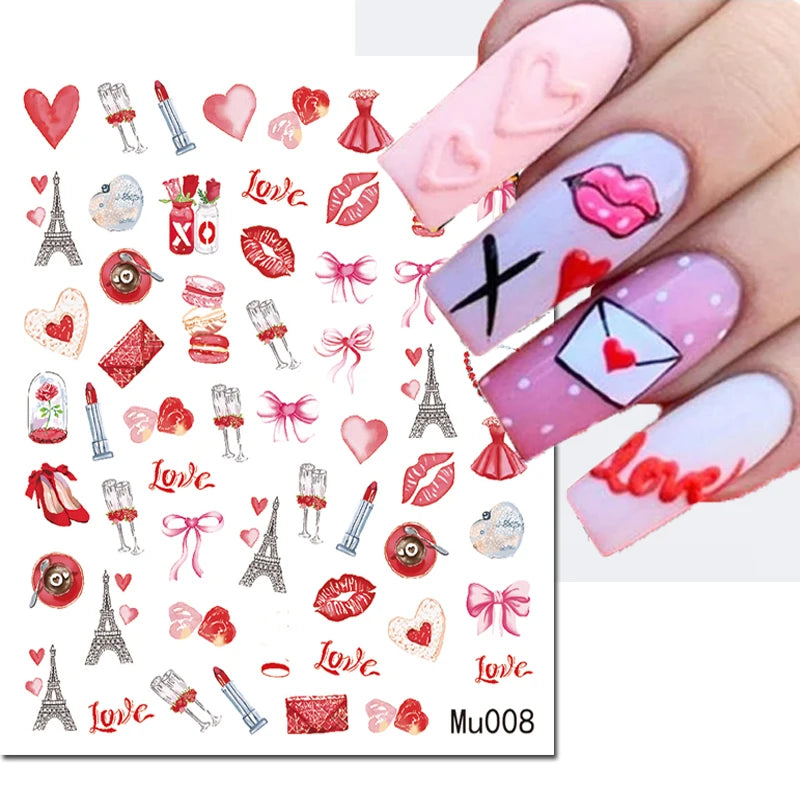3d Pink Hearts Balloon Valentine Day Love Letters Nail Art Stickers Adhesive Sliders Nail Decals Decoration Manicure Accessories