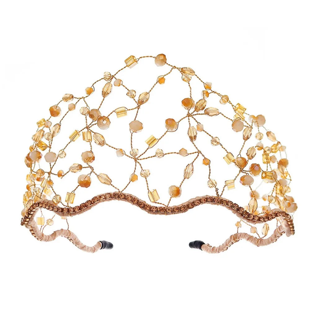 Handmade Crystal Beads Hair Net Crown Wedding Headpieces Hair Jewelry Sparkling Rhinestone Tiara Hair Hoop Elegant Headbands