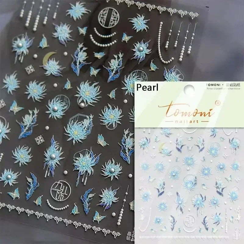 Yellow Autumn Osmanthus Flower Chrysanthemum Butterfly 5D Nail Art Sticker Chinese Character Vase Relief Adhesive Manicure Decal