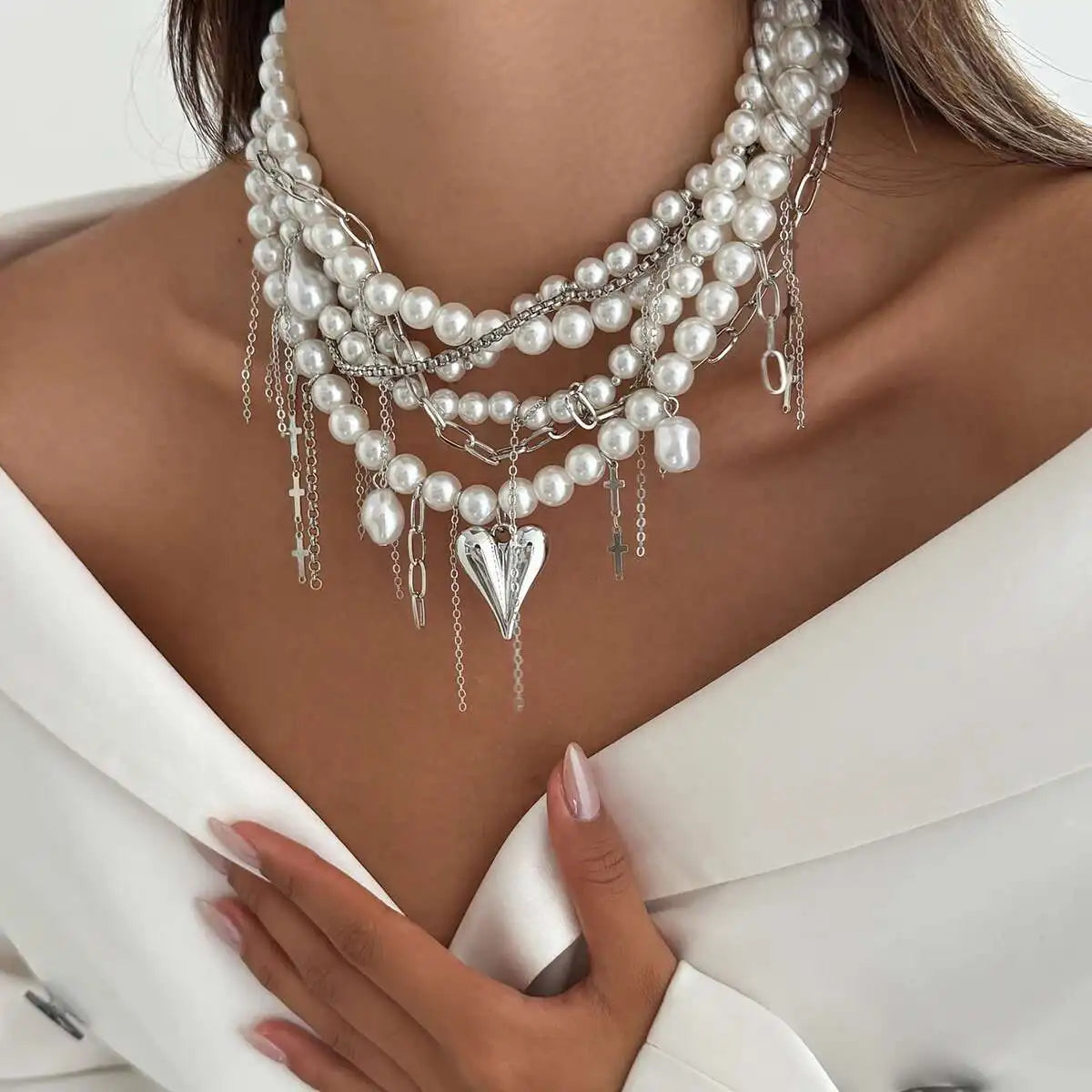 IngeSight.Z Exquisite Luxury Multilayer Imitation Pearl Tassel Choker Necklace Women New Heart Pendant Necklace Wedding Jewelry