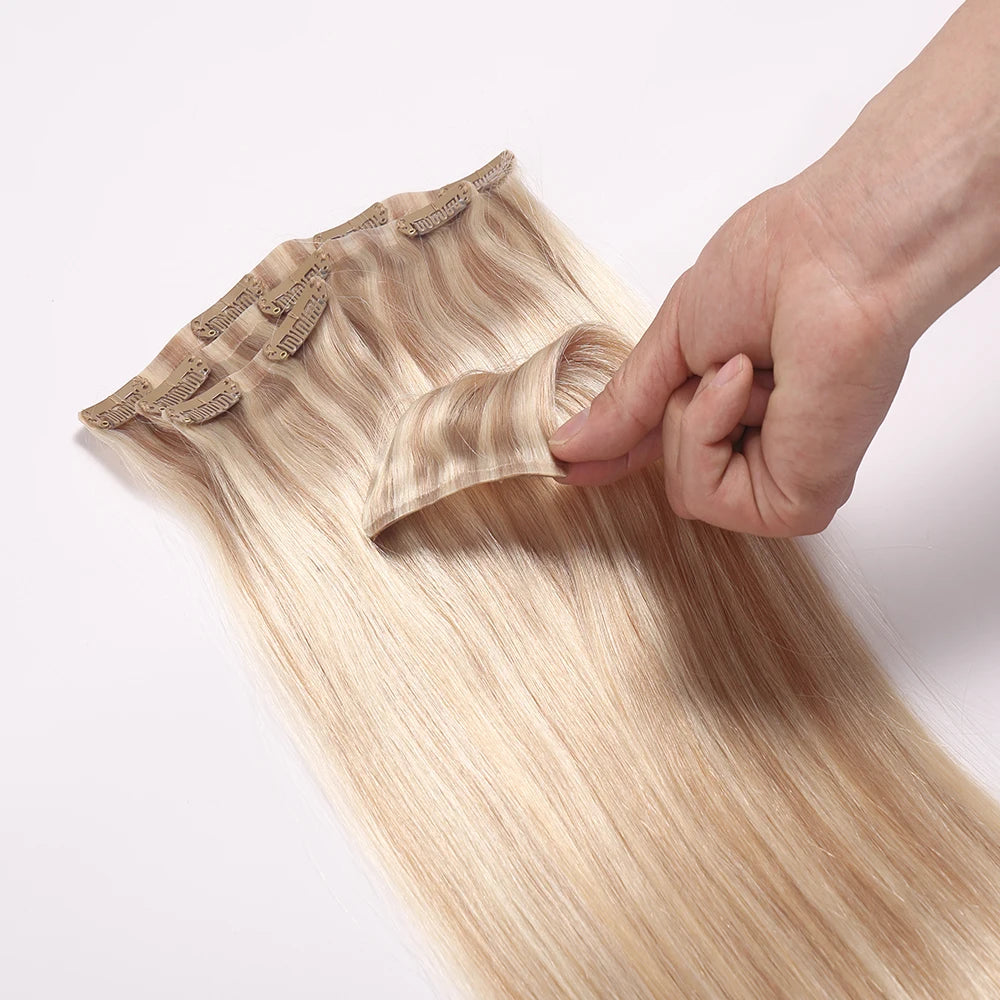 Wholesale Real Clip ins Russian Human Hair 100% Remy Hair Raw Pu Natural Straight Invisible Seamless Clip in Hair Extension