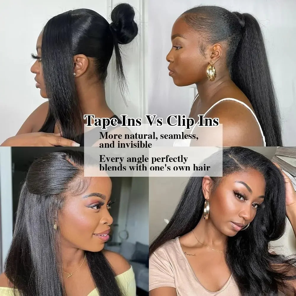 20/40/60pcs Kinky Straight Tape In Hair Extensions Adhesive Invisible Tape In Human Hair Extensions Yaki Straight Brazilian Hair