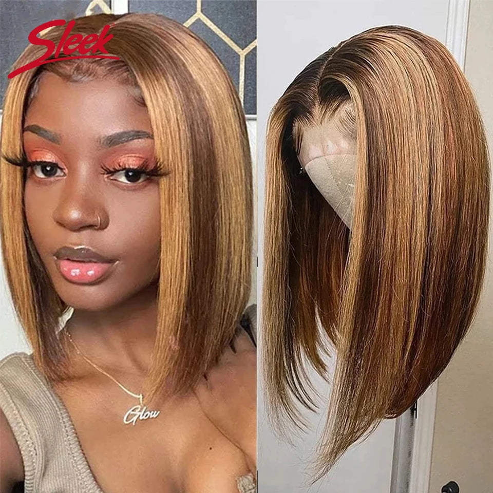 Highlight P4/27 Bob Wigs Brazilian Straight 13x4 T Lace Front Bob Wig Sleek Remy Human Hair Wigs 220% Density Orange Color