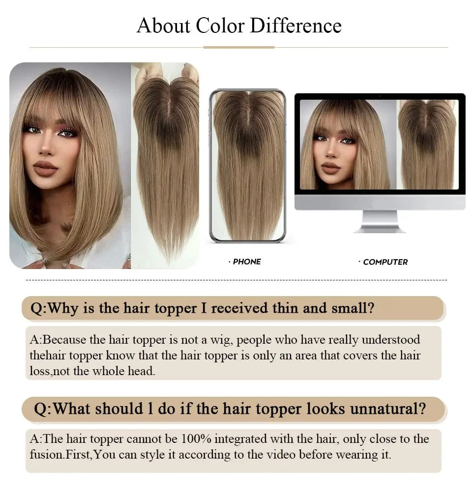 100% Remy Human Hair Toppers for Women Straight Brown Ombre 10inch Human Hair Topper with Bangs Silk Base Clip in Hair Extension