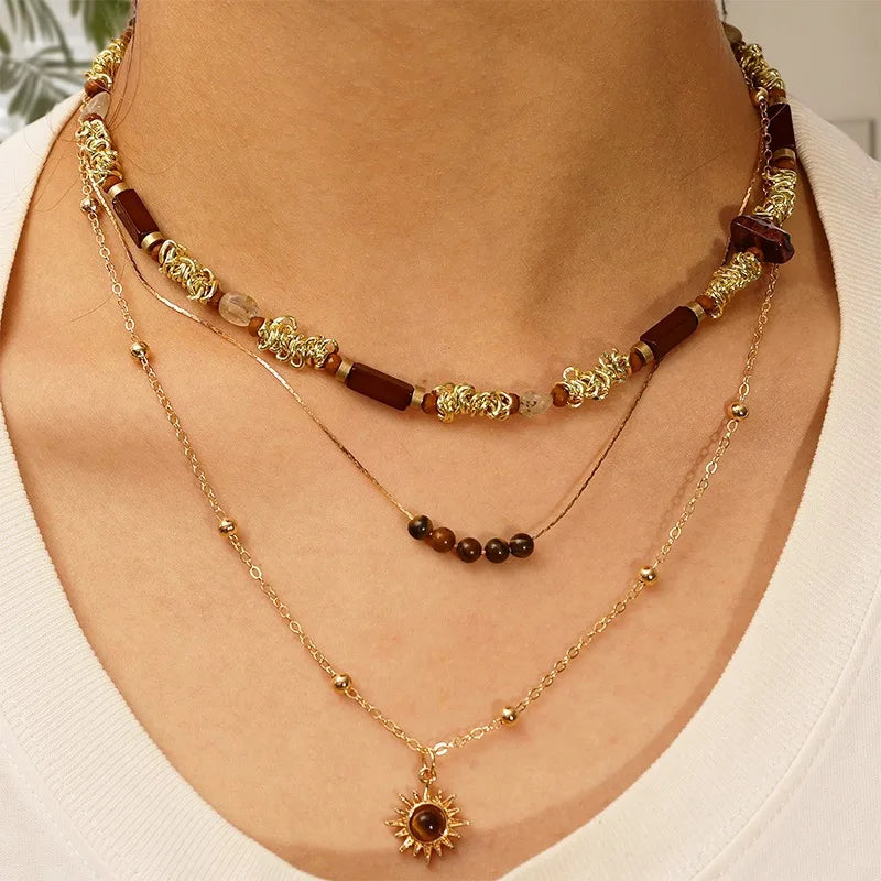 Bohemian Sun Star Zircon Necklace for Women Vintage Leather Necklace Double Layered Pendant Chain Choker Fashion Gem Jewelry