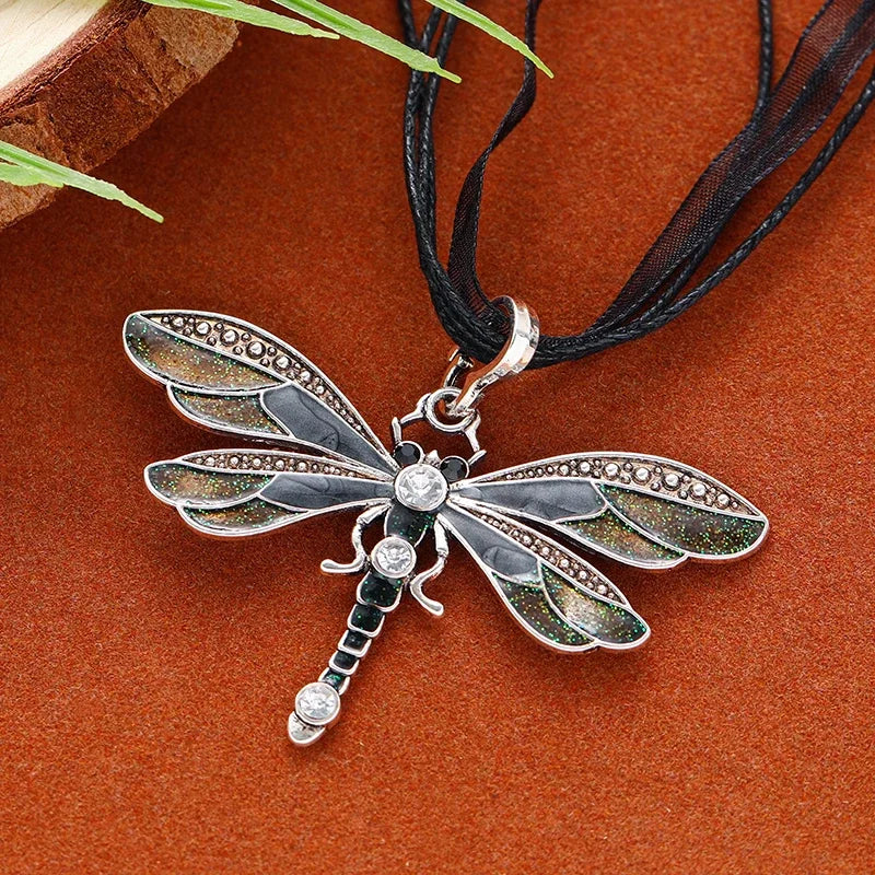 Fashion Crystal Dragonfly Pendant Necklaces for Women Vintage Insect Multi Layers Rope Necklace Jewelry Thanksgiving Gift