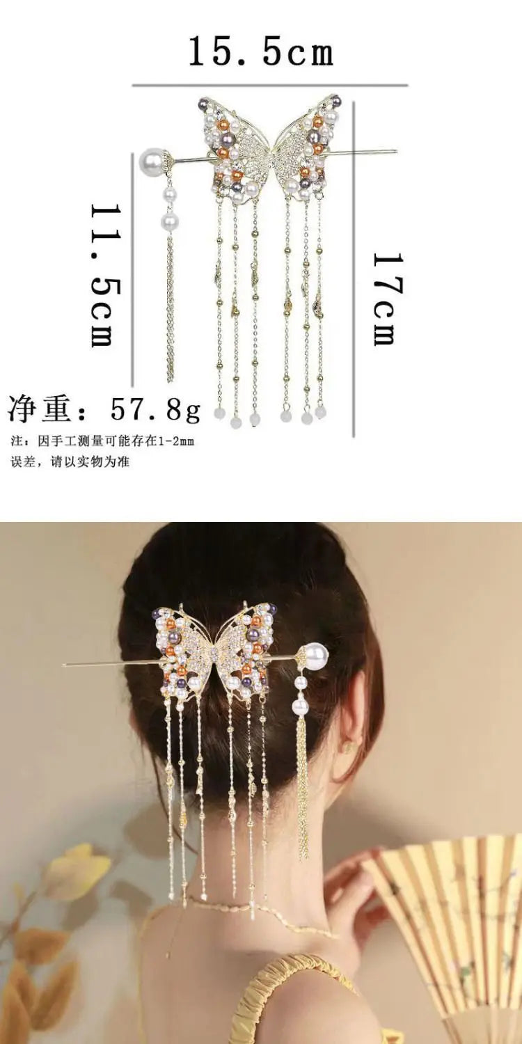 Luxury Pearl Butterfly Hairpin - Colored Alloy Hair Clip with Tassels