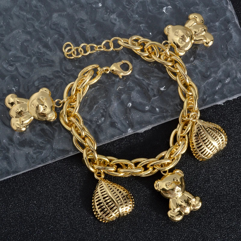 Cute Bear Heart Lock Matching Bracelets Set for Girls Teens Gold Plated Adjustable Bangle Best Friend Gift for Party