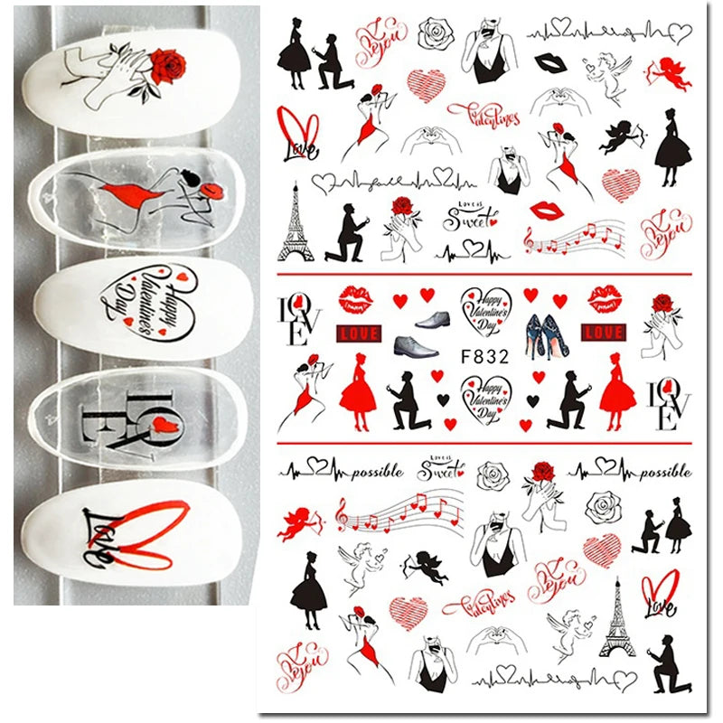 3d Pink Hearts Balloon Valentine Day Love Letters Nail Art Stickers Adhesive Sliders Nail Decals Decoration Manicure Accessories