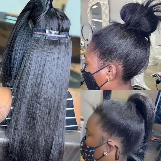 20/40/60pcs Kinky Straight Tape In Hair Extensions Adhesive Invisible Tape In Human Hair Extensions Yaki Straight Brazilian Hair