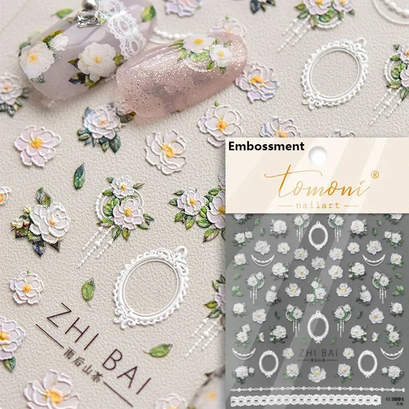 Yellow Autumn Osmanthus Flower Chrysanthemum Butterfly 5D Nail Art Sticker Chinese Character Vase Relief Adhesive Manicure Decal