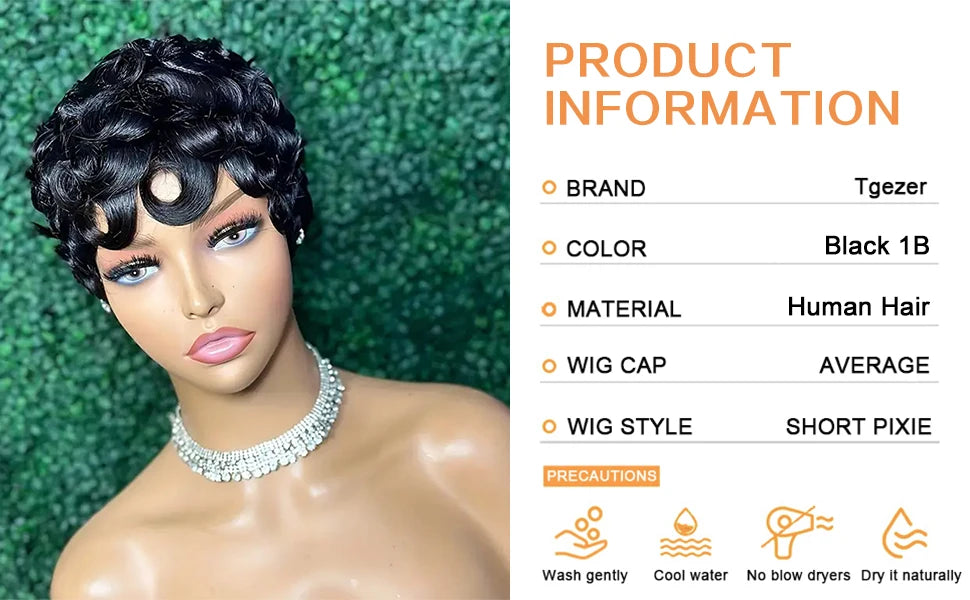 Short Curly Human Hair Wigs  Perruques Humain Pour Femme  Wig with Bangs Machine Pixie Cut Wig  Afro Kinky Curly Wig  Bob Wig