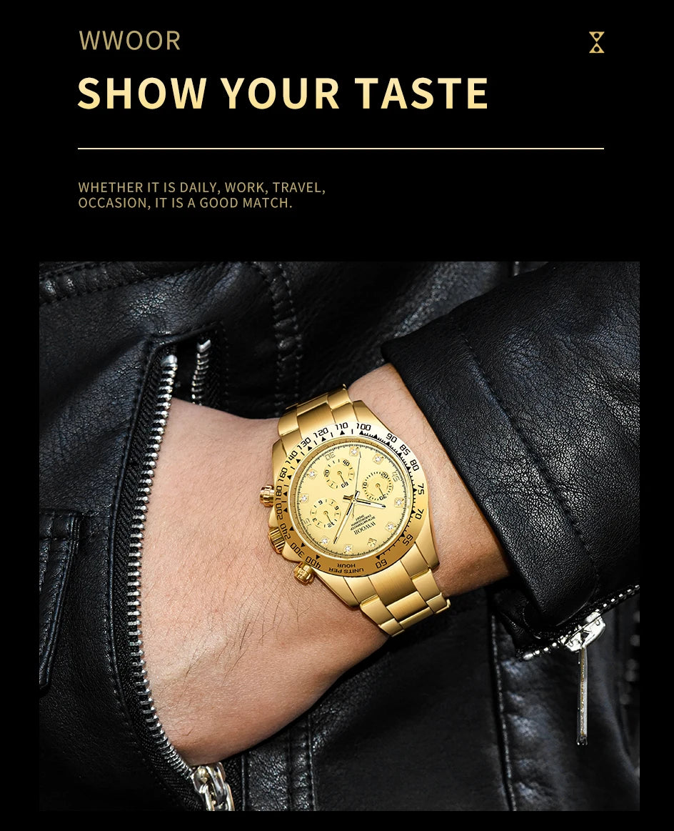 WWOOR 2024 New Mens Watches Top Brand Quartz Japanese Chronograph Stopwatch Waterproof Stainless Wristwatches Relogio Masculino