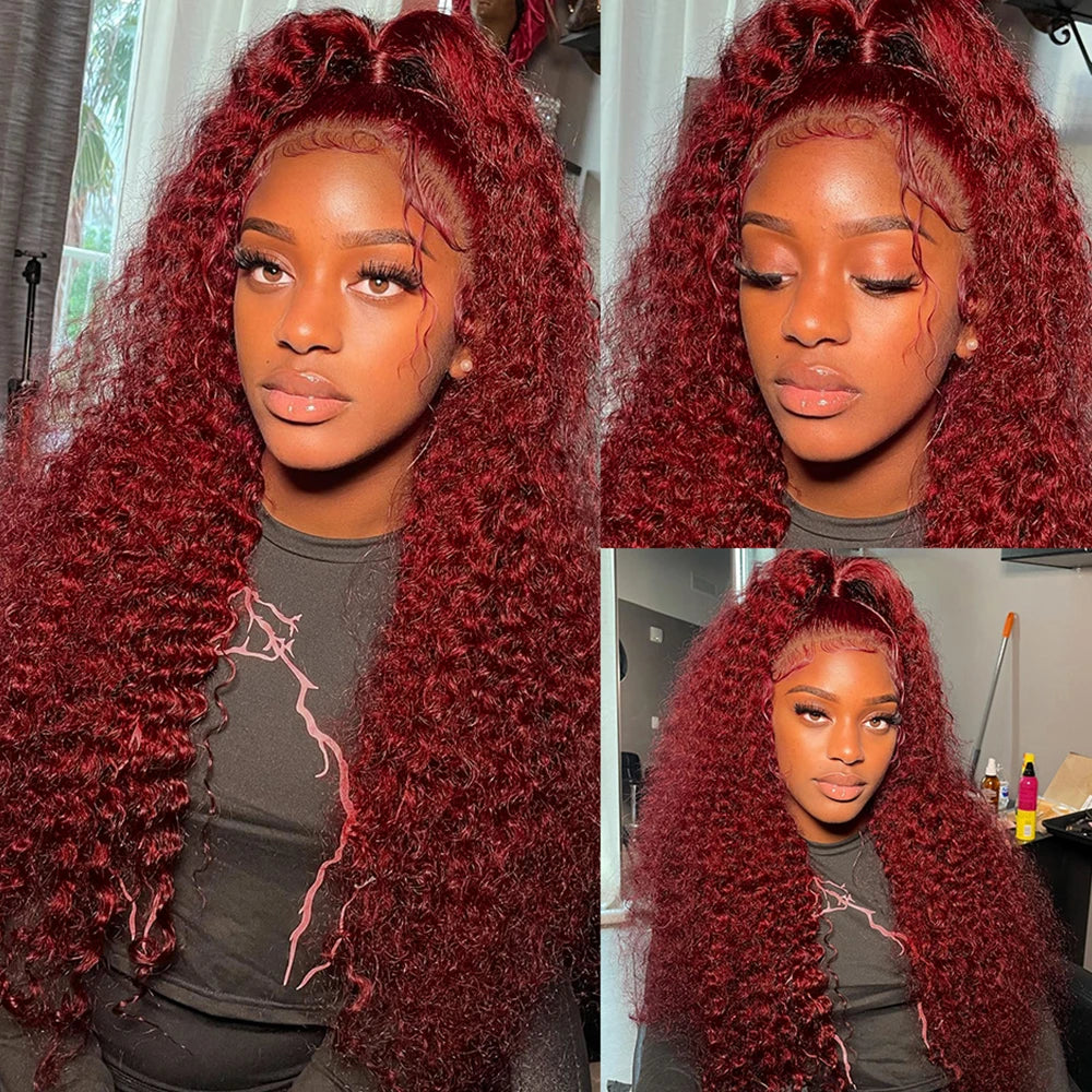 Curly Burgundy 13x6 Hd Lace Front Human Hair Wig Red Wigs For Women Transparent Lace 5x5 13x4 Deep Wave Frontal Wig 99j