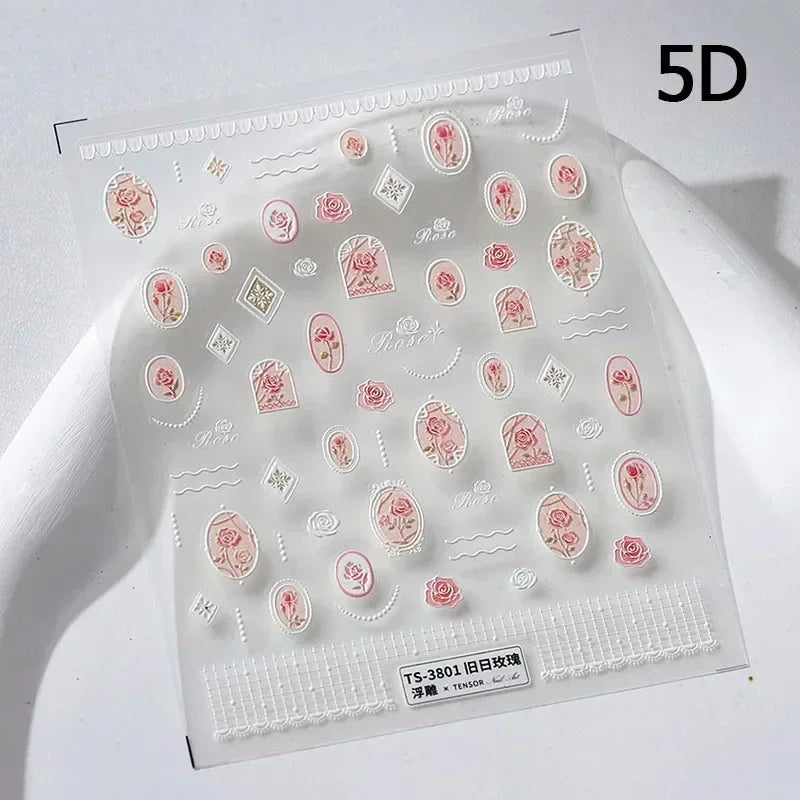 Yellow Autumn Osmanthus Flower Chrysanthemum Butterfly 5D Nail Art Sticker Chinese Character Vase Relief Adhesive Manicure Decal