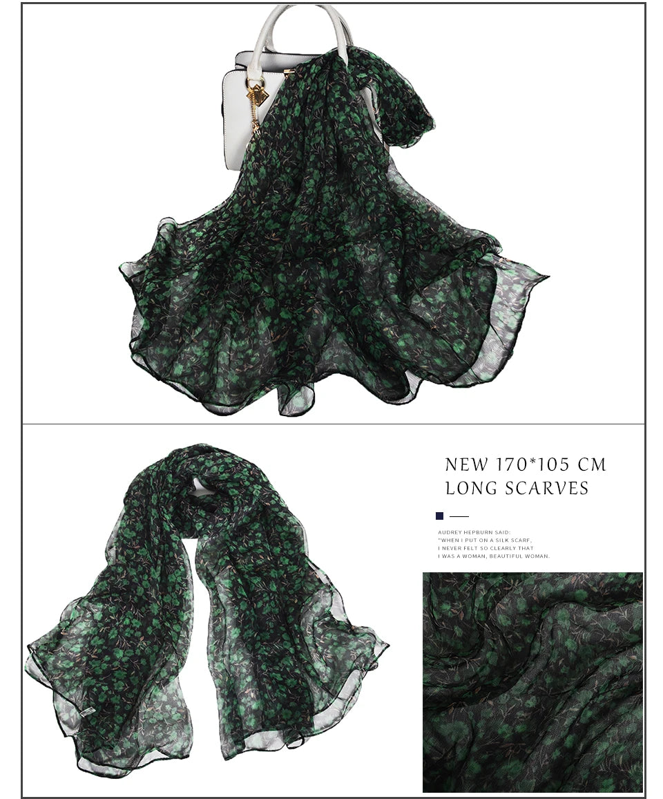 [BYSIFA] Red Black Women Long Silk Scarf Printed 170*105cm Fashion Leaves Pattern Brand 100% Pure Silk Shawl For Spring Autumn