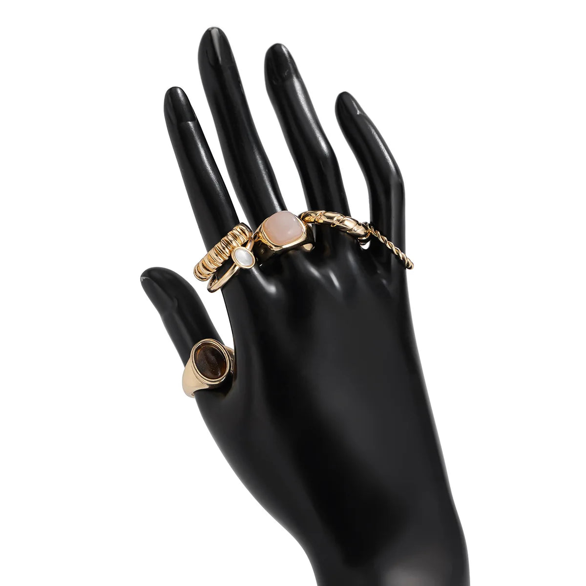 6pcs/set Tide Individuality Retro Geometric Hollowing Inlay Gem Rings SetLiquid State Metal Four-Piece Rings Set Paty Jewelry