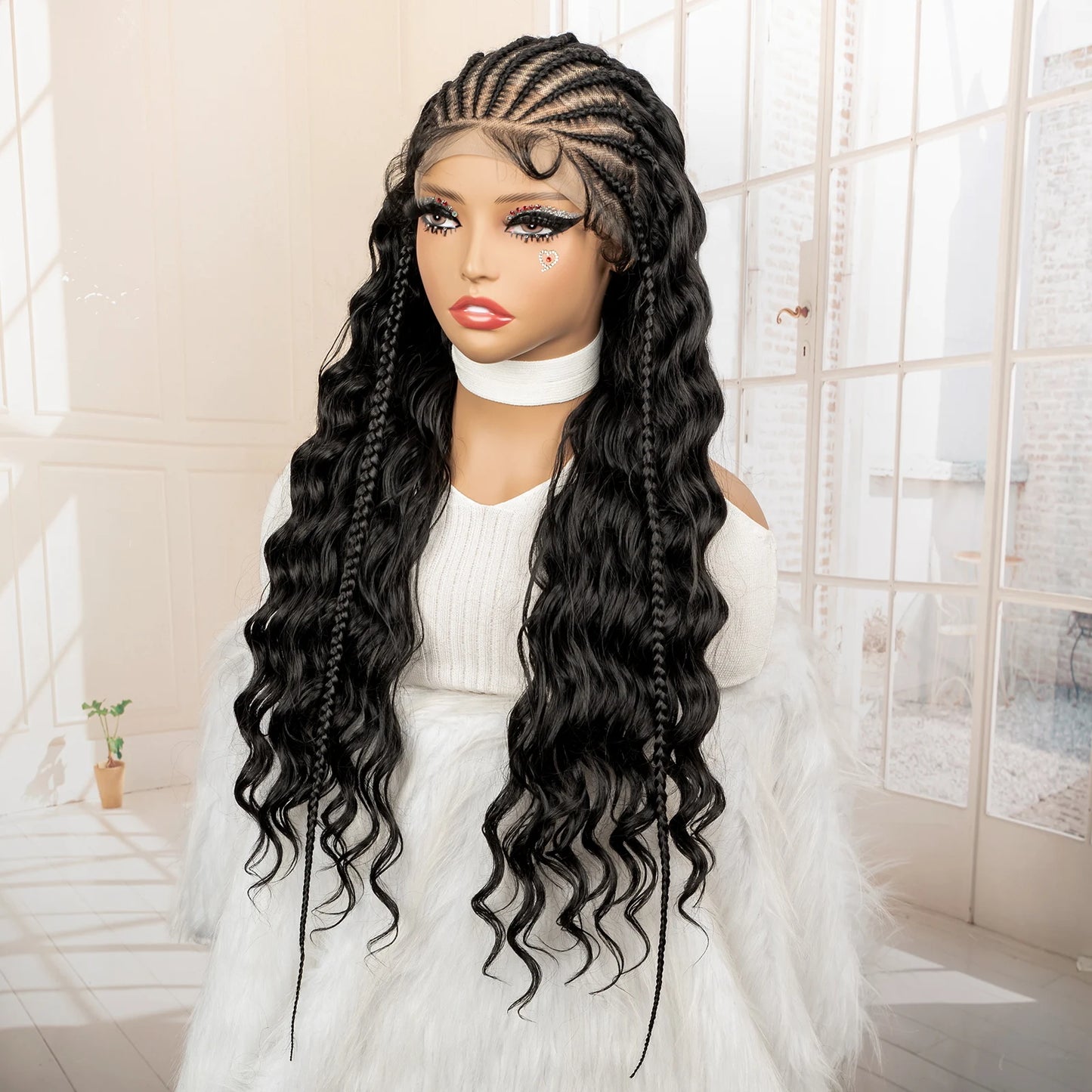 Synthetic Black Hair Wig with Braids for Women 28 Inch Wavy Natural Looking Synthetic Heat Resistant Fiber Wig for Daily Use