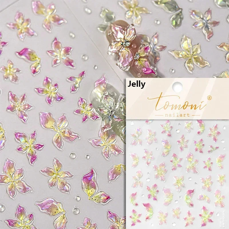 Yellow Autumn Osmanthus Flower Chrysanthemum Butterfly 5D Nail Art Sticker Chinese Character Vase Relief Adhesive Manicure Decal