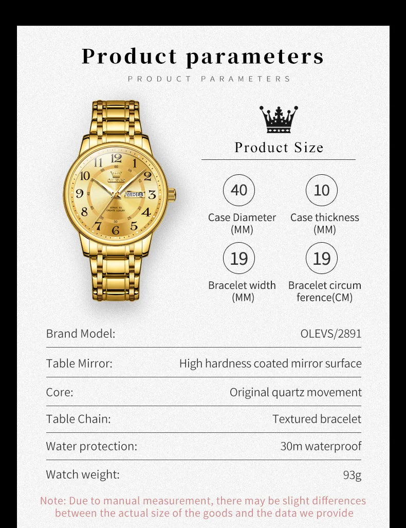 OLEVS 2891 Mens Watch Classic Quartz Watch Waterproof Stainless Steel Strap Fashion Casual Men's Watch Gift Date Clock Reloj