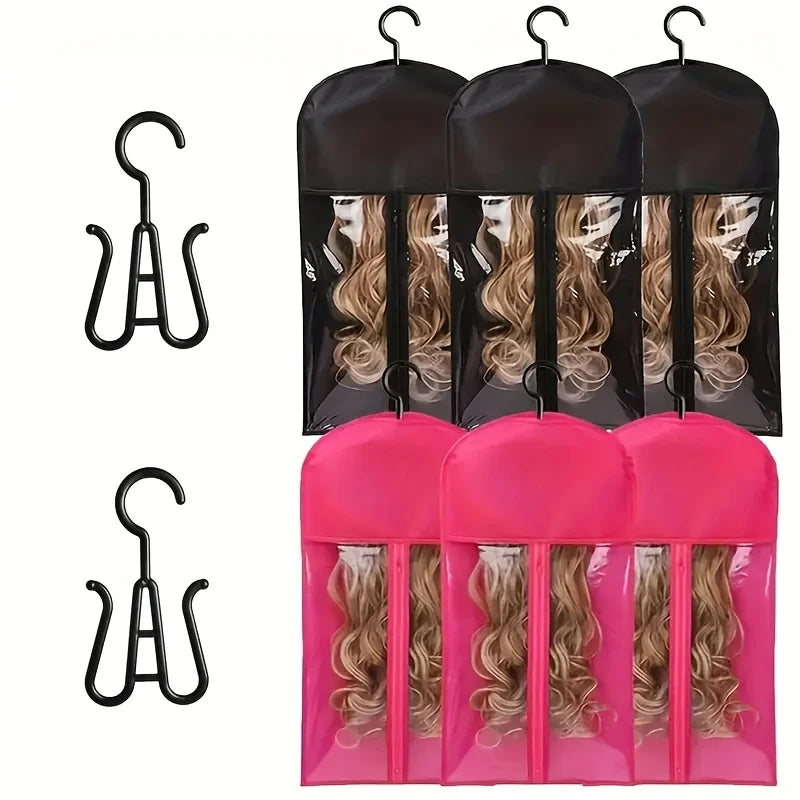 3pcs Wig Storage Set with Hooks Transparent Dust Bags Non-Woven Moisture-Proof Cover for Wigs Hairpieces Organizer Holder