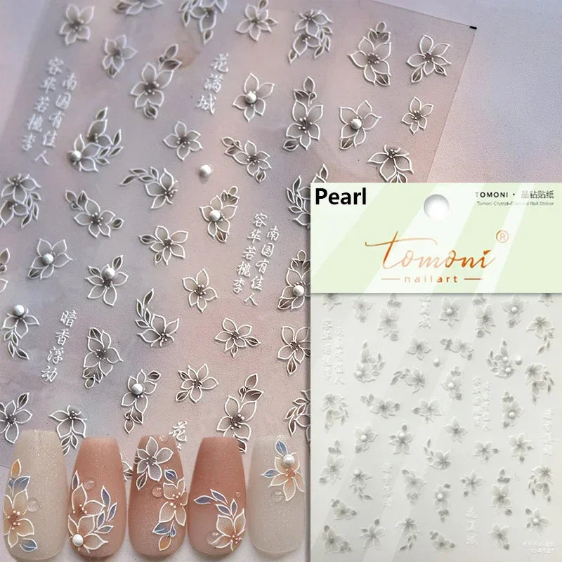 Yellow Autumn Osmanthus Flower Chrysanthemum Butterfly 5D Nail Art Sticker Chinese Character Vase Relief Adhesive Manicure Decal