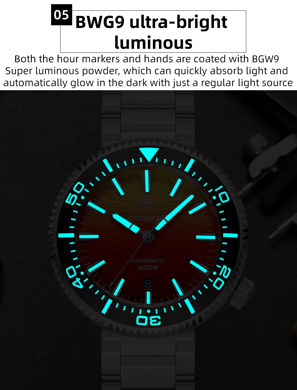 ADDIESDIVE AD2526 Automatic Mechanical Dive Watch Japan 8215 1000M Water Resistant Sapphire Double Dome Ceramic Bezel BGW9