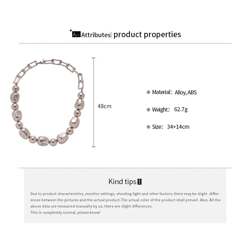 Minar Punk Irregular Metallic ABS Beads Strand Beaded Necklace for Women Silver Plated Metal Alloy Hollow Link Chain Chokers