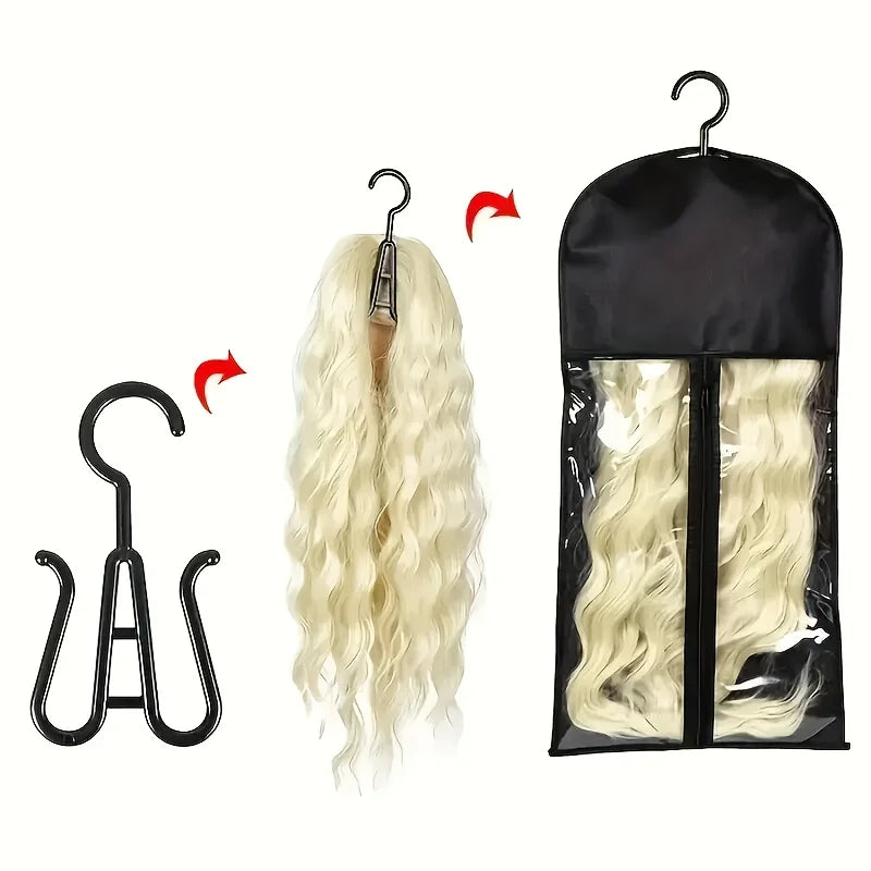 3pcs Wig Storage Set with Hooks Transparent Dust Bags Non-Woven Moisture-Proof Cover for Wigs Hairpieces Organizer Holder
