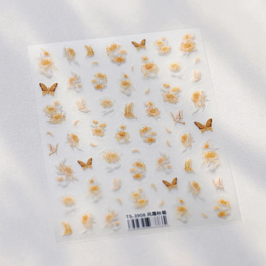 Yellow Autumn Osmanthus Flower Chrysanthemum Butterfly 5D Nail Art Sticker Chinese Character Vase Relief Adhesive Manicure Decal