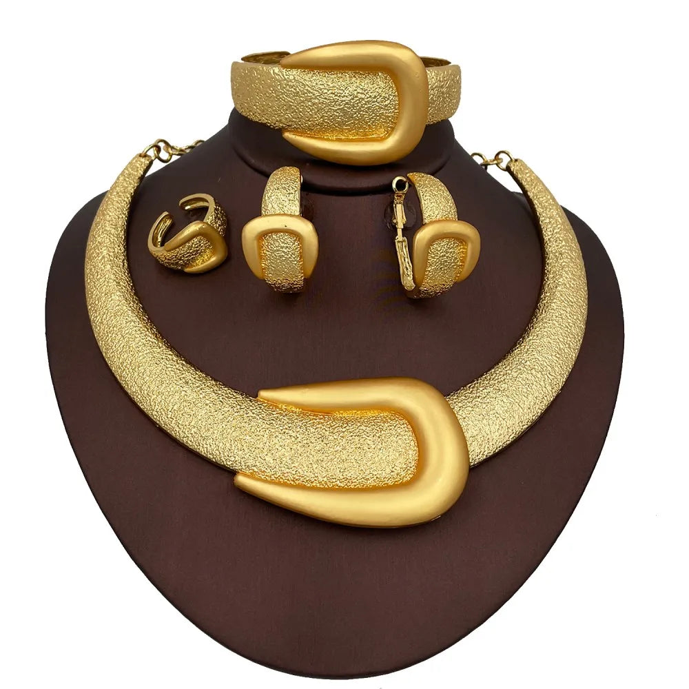 2025 New Exaggerate Jewelry Set Dubai Gold Color Large Necklace Bangle Africal Big Earring Ring Wide Bracelet Bridal Jewellery