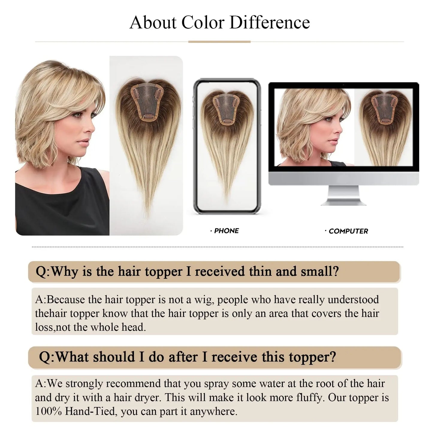 Women Human Hair Toppers Middle Part Ombre Light Brown Blonde Human Toupee Hair Pieces with Thinning Hair Base Clip in Toppers