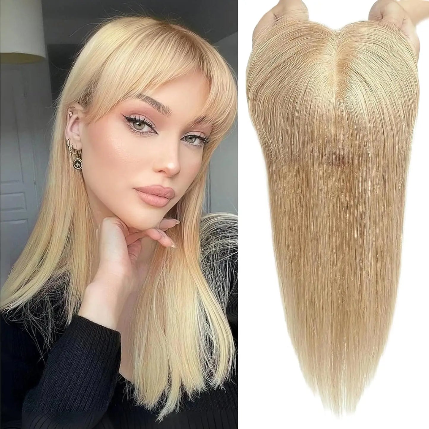 100% Remy Human Hair Toppers for Women Straight Brown Ombre 10inch Human Hair Topper with Bangs Silk Base Clip in Hair Extension