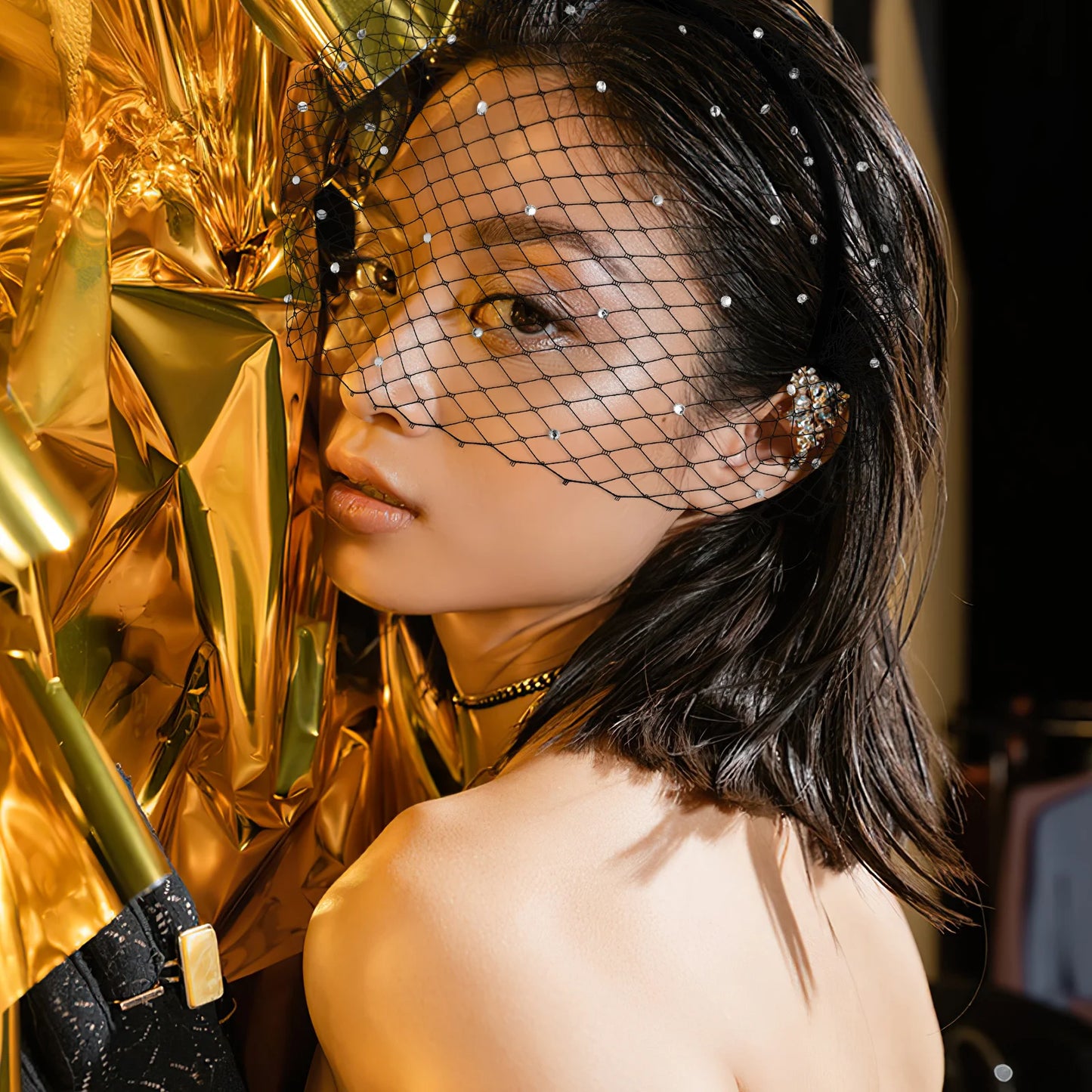 Headband Veil Fascinator - Black Mesh Birdcage Bridal Hair Accessory