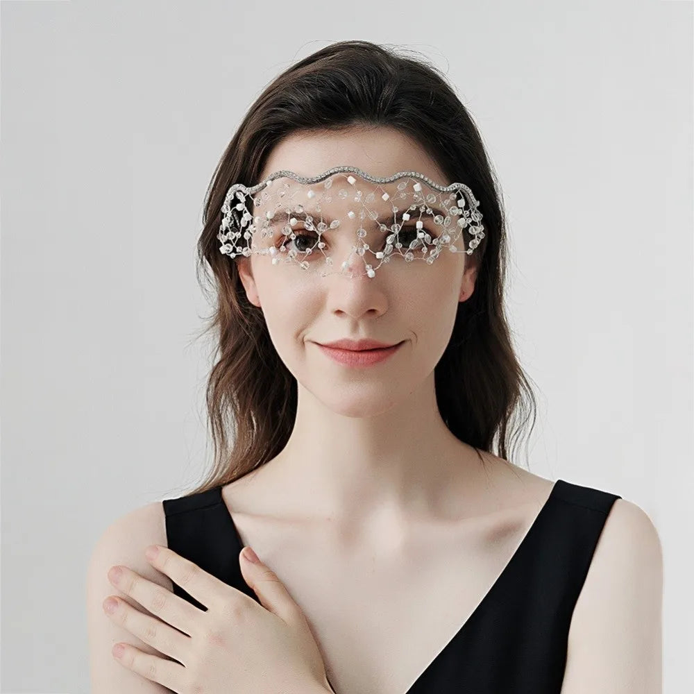 Handmade Crystal Beads Hair Net Crown Wedding Headpieces Hair Jewelry Sparkling Rhinestone Tiara Hair Hoop Elegant Headbands