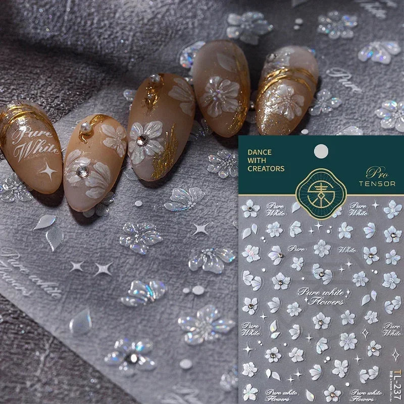 Yellow Autumn Osmanthus Flower Chrysanthemum Butterfly 5D Nail Art Sticker Chinese Character Vase Relief Adhesive Manicure Decal