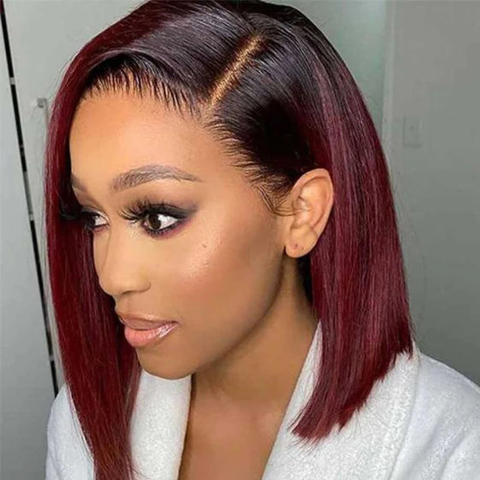 Bone Straight Short Bob Wig Human Hair Wigs For Women Burgundy 13X4 Lace Front Wigs 99J Bob Wig Brazilian Human Hair Pre Plucked