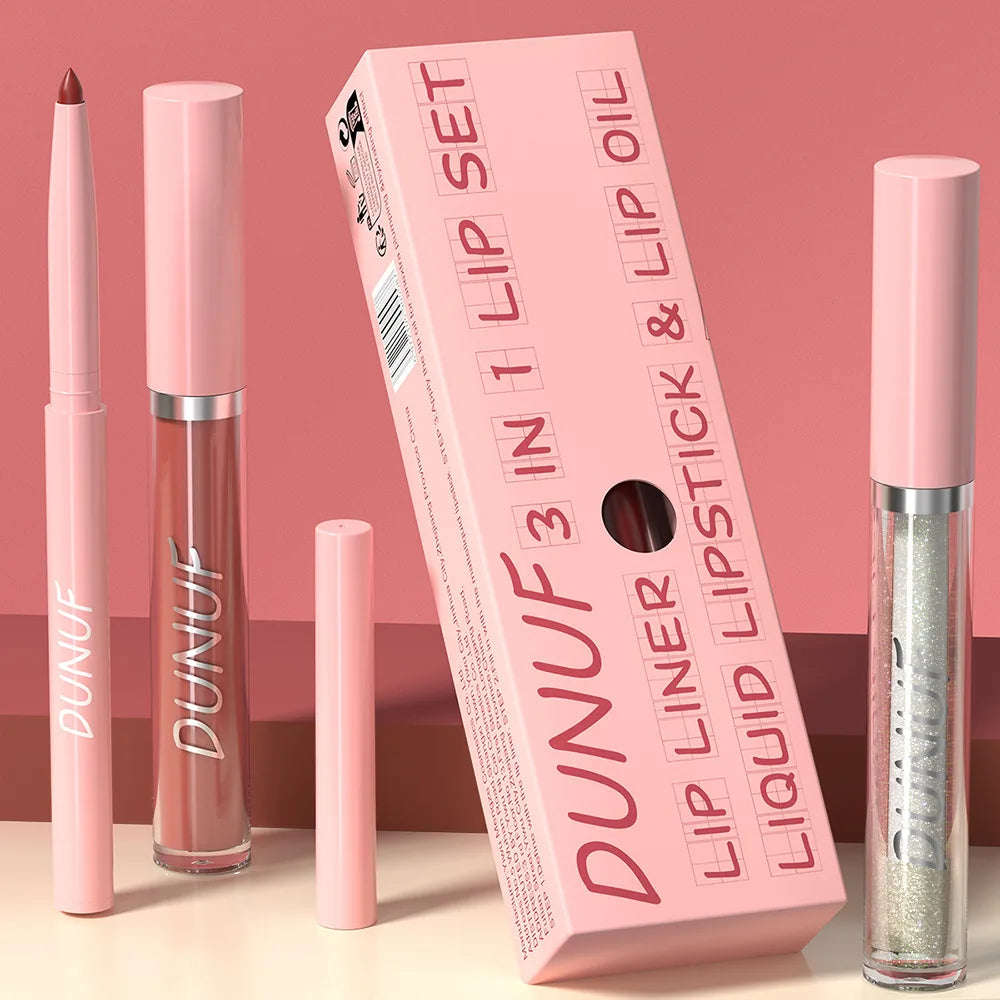 DUNUF 3 In 1 Matte Lipglaze Lip Liner Moisturize Clear Lip Oil Set Cosmetics Waterproof Long lasting Plumer Mirror Lips Gloss
