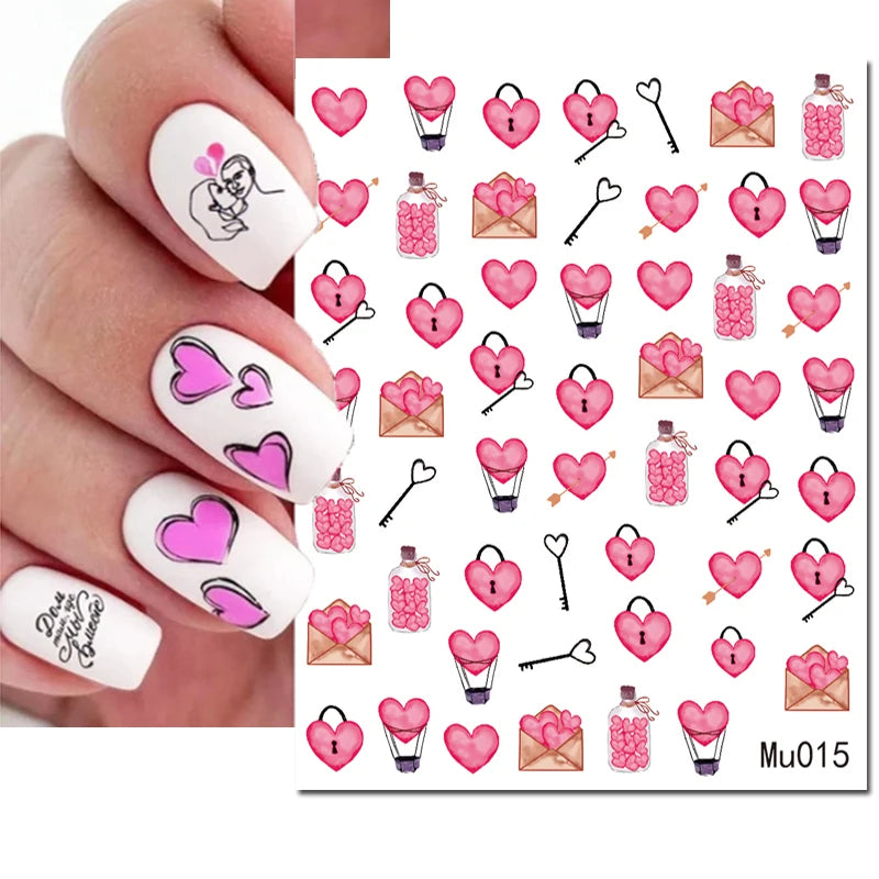 3d Pink Hearts Balloon Valentine Day Love Letters Nail Art Stickers Adhesive Sliders Nail Decals Decoration Manicure Accessories
