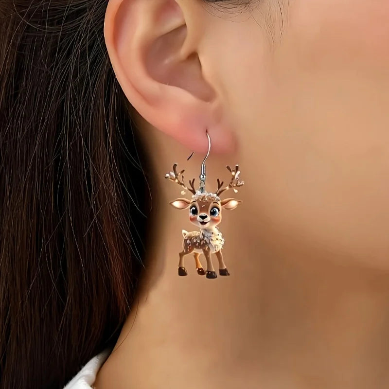 1 pair of cute and charming Christmas elk earrings, 2D acrylic cartoon earrings holiday gift
