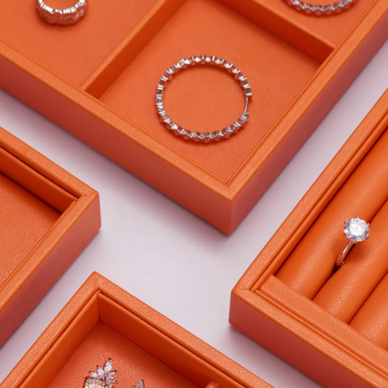 Oirlv New Luxury Orange Leather Stackable Jewelry Tray Jewelry Drawer Organizer Trays Rings Earrings Storage Display Props
